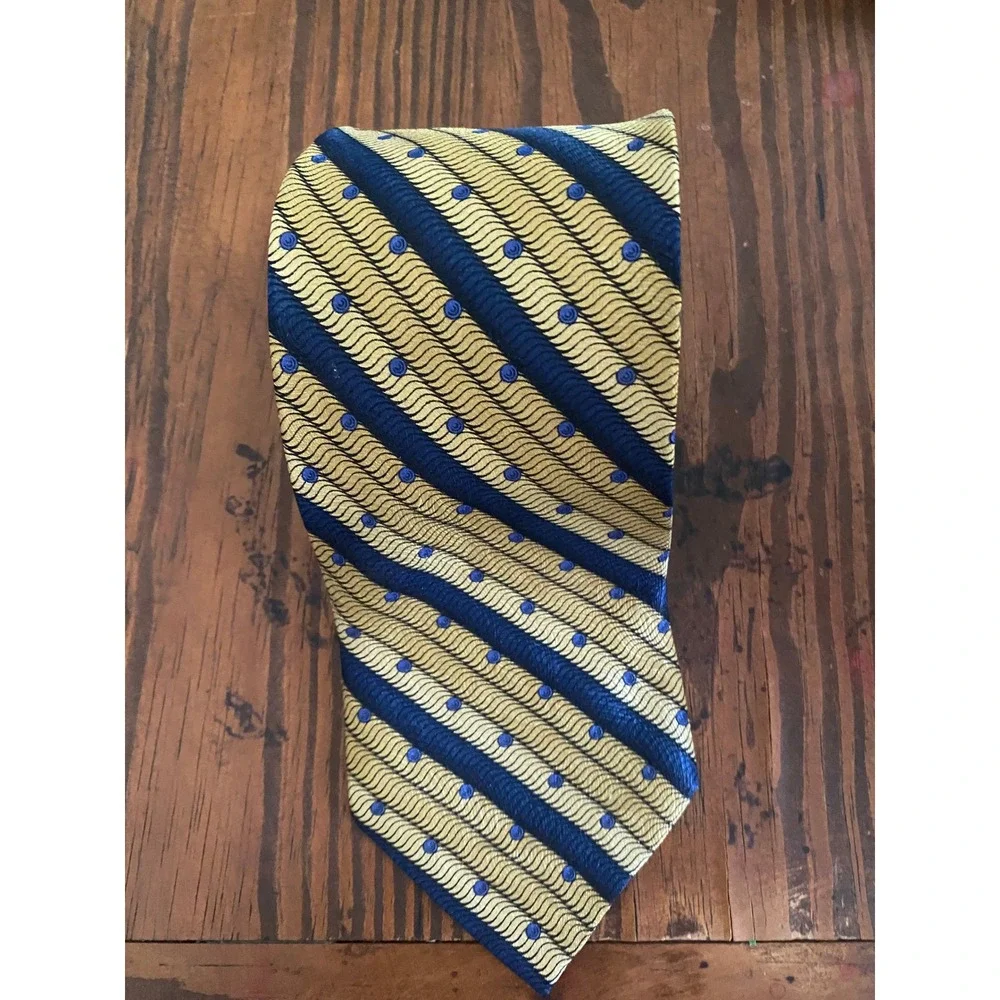 Irvine Park Mens Silk Necktie Navy Blue Gold Diagonal Stripe Swirl‎ Dot Handmade